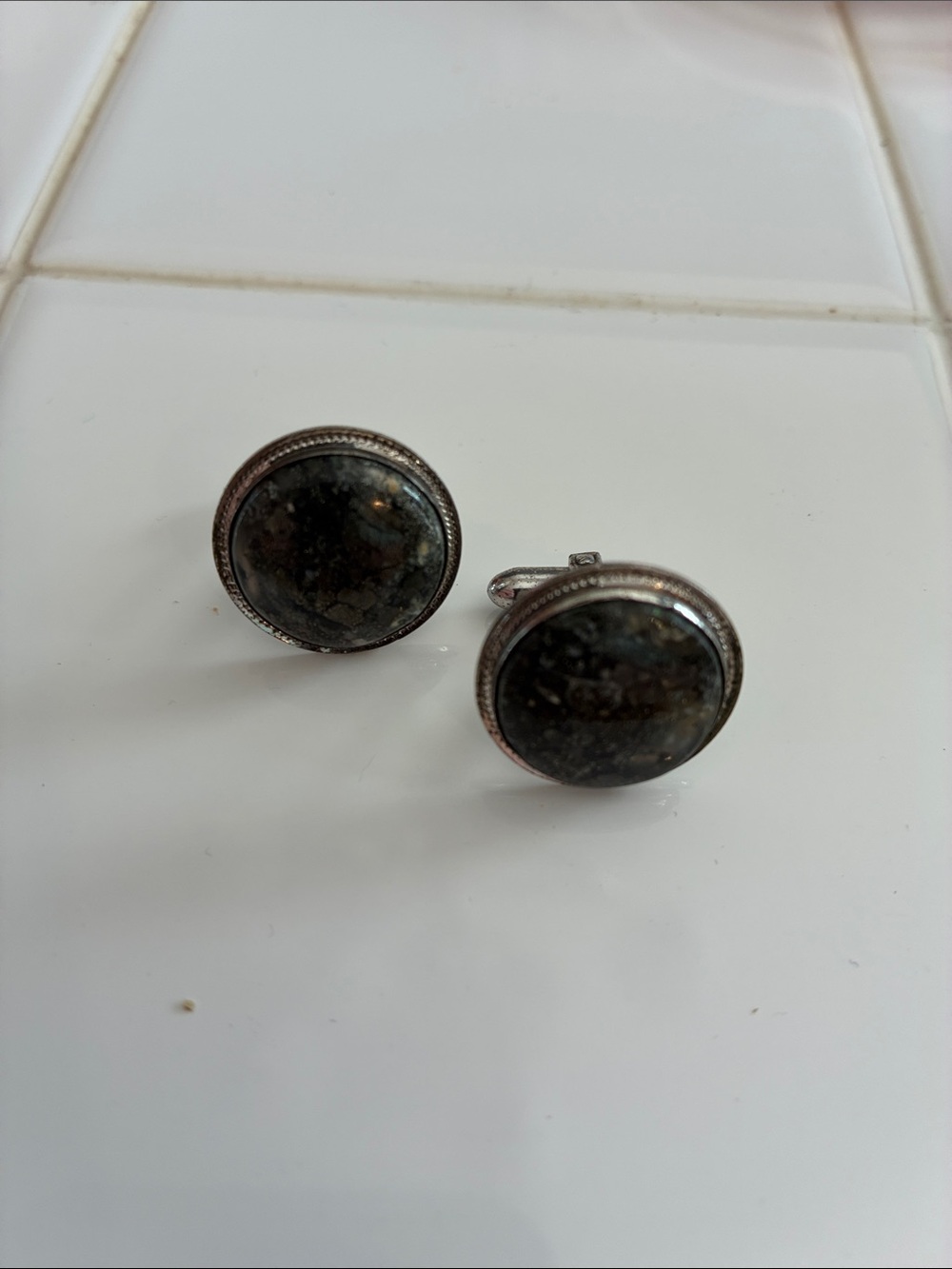 Round Dark Gray Stone Cufflinks with Silver-Tone Setting